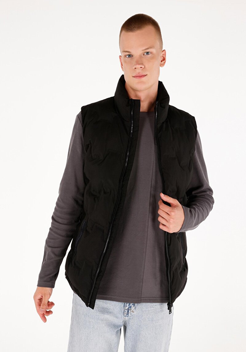 Slim Fit Fermuarlı Erkek Siyah Yelek