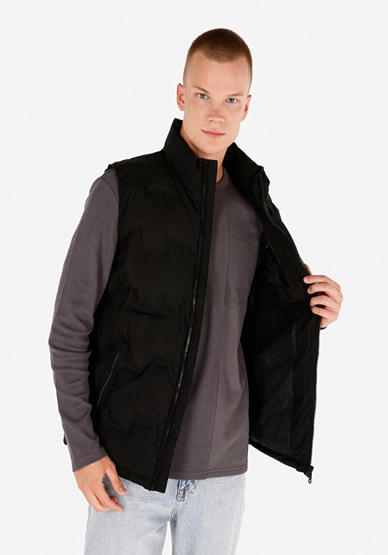 Slim Fit Fermuarlı Erkek Siyah Yelek