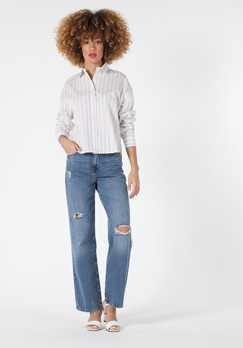 Regular Fit Shirt Neck Çizgili Kadın Beyaz Uzun Kol Gömlek