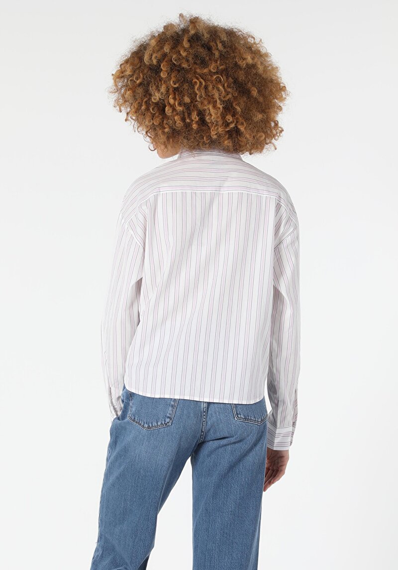 Regular Fit Shirt Neck Çizgili Kadın Beyaz Uzun Kol Gömlek