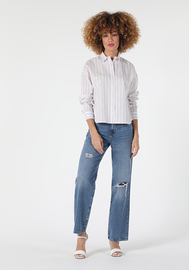 Regular Fit Shirt Neck Çizgili Kadın Beyaz Uzun Kol Gömlek