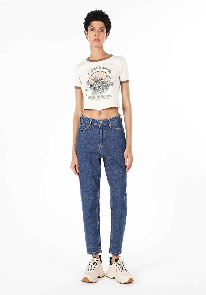 Mom Fit Yüksek Bel Daralan Paça Kadın İndigo Jean Pantolon