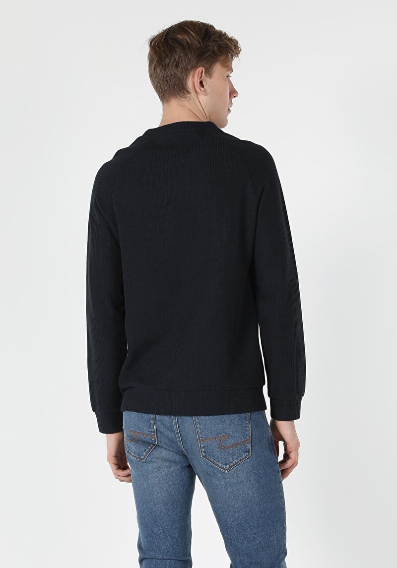 Regular Fit Yuvarlak Yaka Jakarlı Erkek Lacivert Uzun Kol Tişört