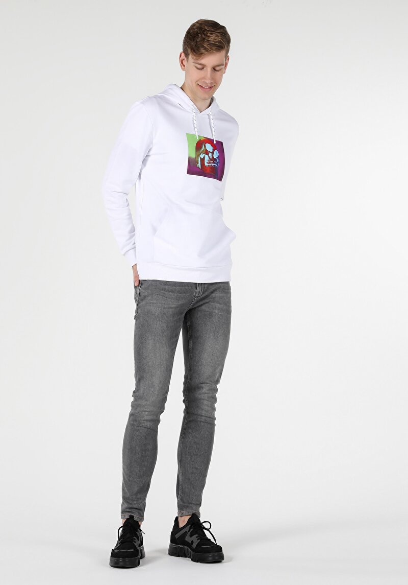 Regular Fit Pamuklu Erkek Beyaz Sweatshirt