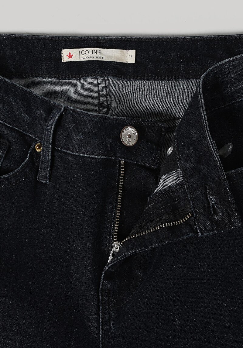 Slim Fit Orta Bel Düz Paça Kadın Koyu İndigo Denim Jean Pantolon