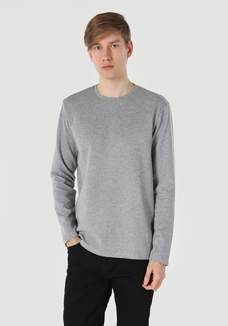Regular Fit Yuvarlak Yaka Örme Jakarlı Erkek Gri Uzun Kol Tişört