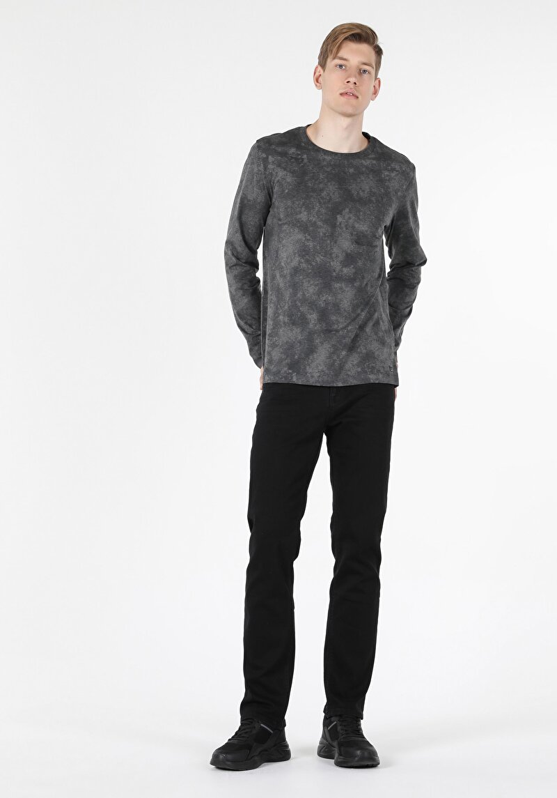 Regular Fit Yuvarlak Yaka Baskılı Erkek Antrasit Uzun Kol Tişört