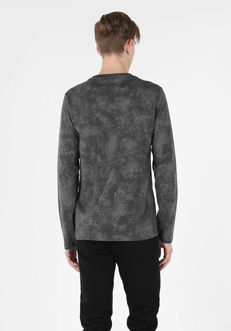 Regular Fit Yuvarlak Yaka Baskılı Erkek Antrasit Uzun Kol Tişört