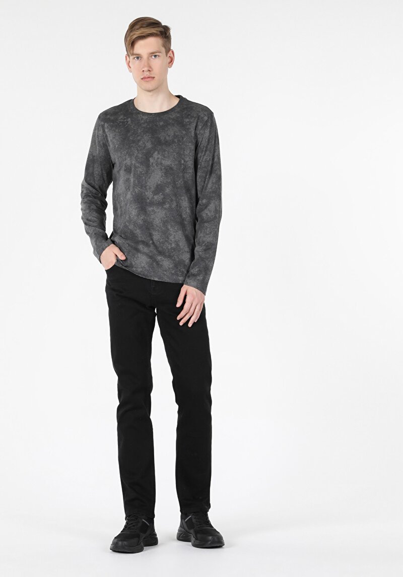 Regular Fit Yuvarlak Yaka Baskılı Erkek Antrasit Uzun Kol Tişört