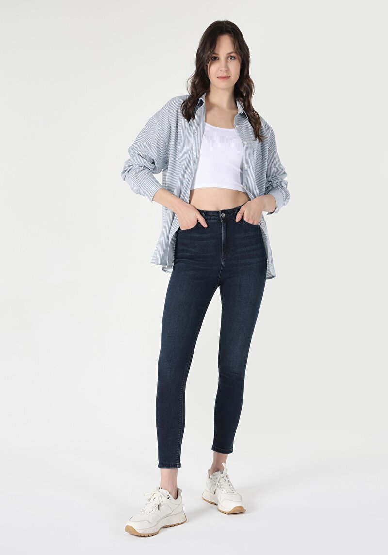 Skinny Fit Yüksel Bel Dar Paça Kadın Koyu İndigo Denim Jean Pantolon