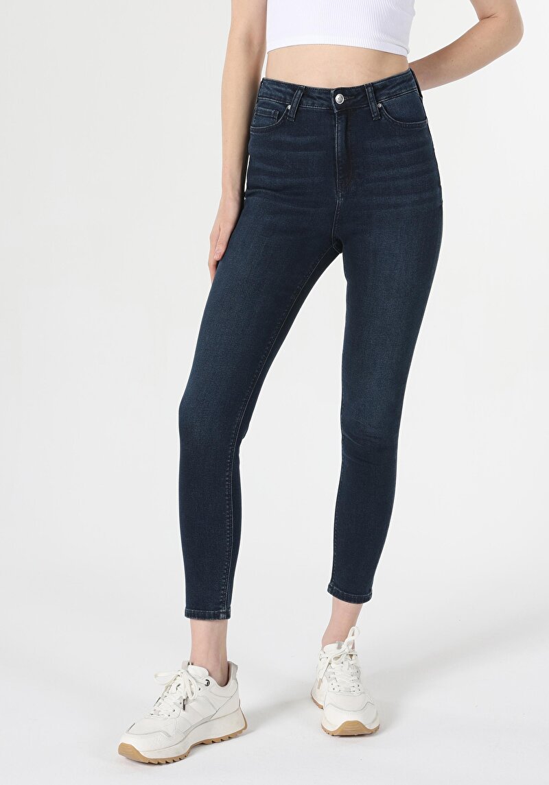 Skinny Fit Yüksel Bel Dar Paça Kadın Koyu İndigo Denim Jean Pantolon