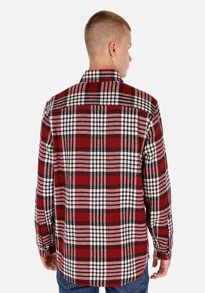 Comfort Fit Shirt Neck Ekoseli Erkek Kirmizi Uzun Kol Gömlek