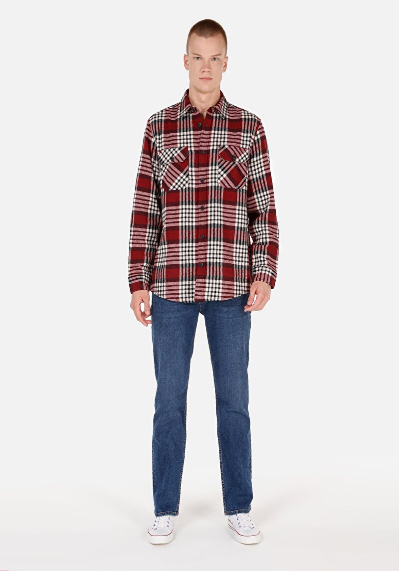 Comfort Fit Shirt Neck Ekoseli Erkek Kirmizi Uzun Kol Gömlek