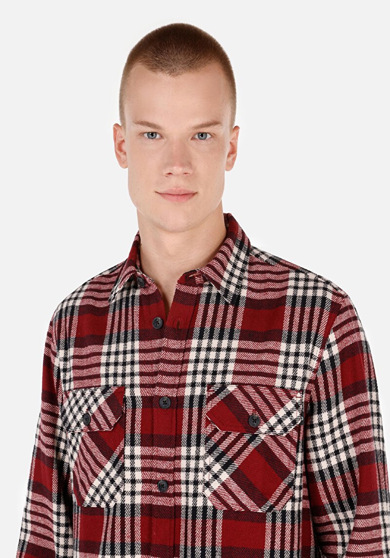 Comfort Fit Shirt Neck Ekoseli Erkek Kirmizi Uzun Kol Gömlek