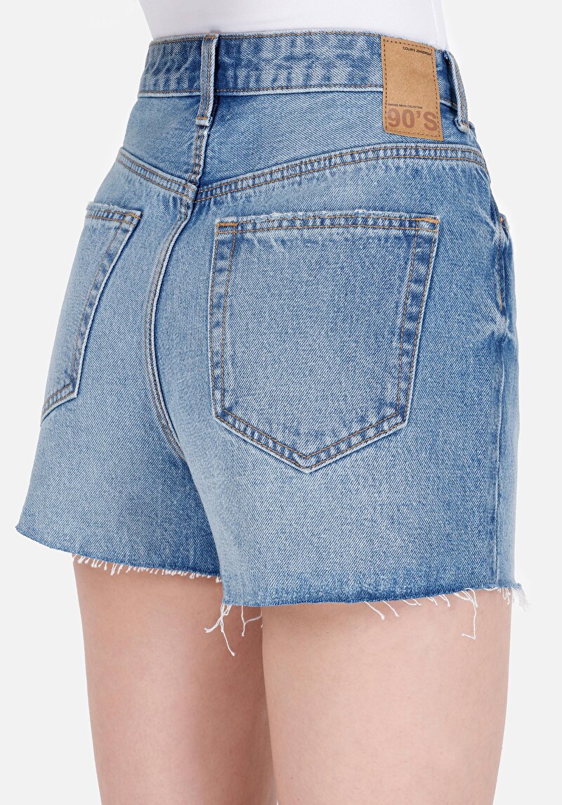 Pamuklu Denim Mom Fit Yüksek Bel Kadın İndigo Jean Şort