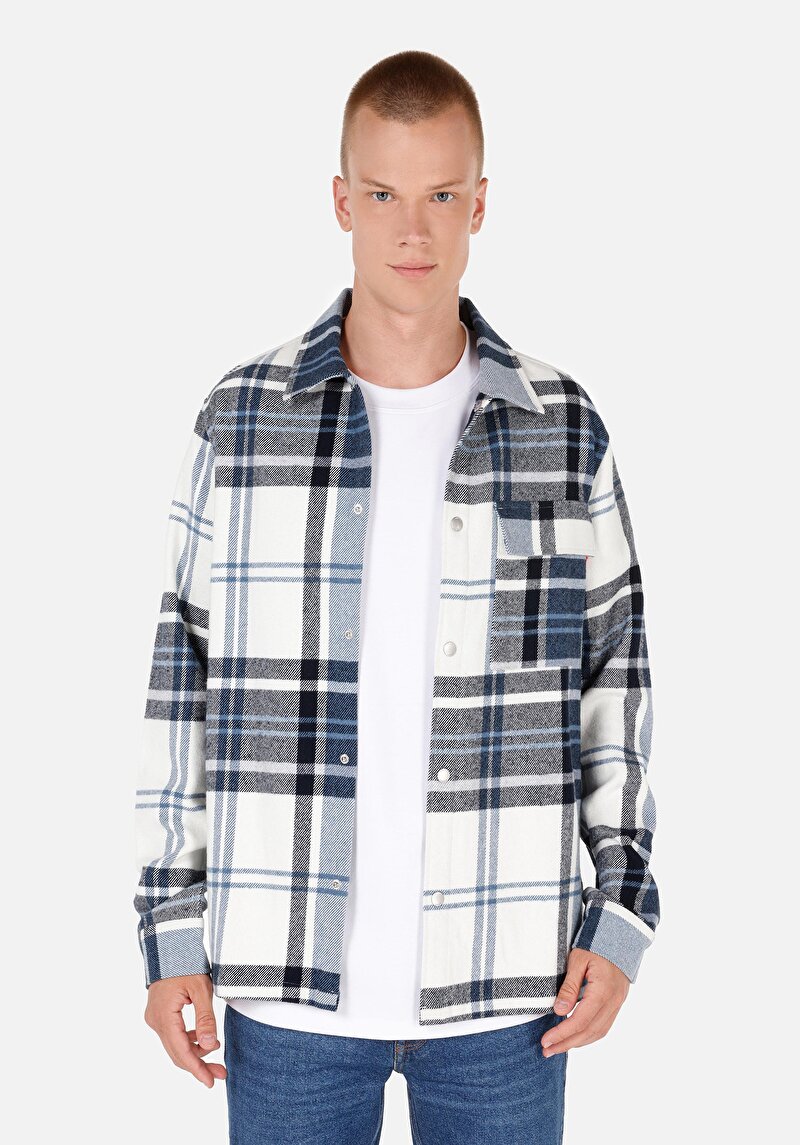 Comfort Fit Shirt Neck Ekoseli Erkek Mavi Uzun Kol Gömlek