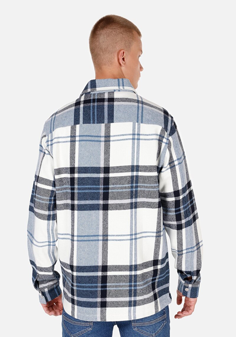 Comfort Fit Shirt Neck Ekoseli Erkek Mavi Uzun Kol Gömlek