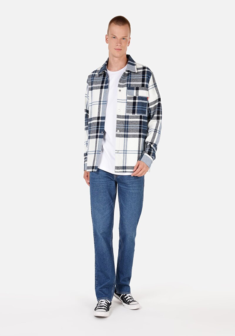 Comfort Fit Shirt Neck Ekoseli Erkek Mavi Uzun Kol Gömlek