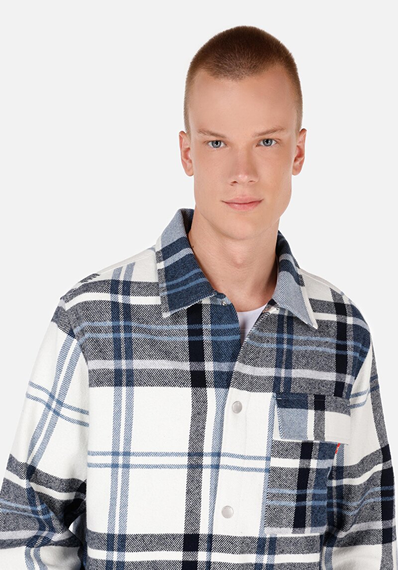 Comfort Fit Shirt Neck Ekoseli Erkek Mavi Uzun Kol Gömlek