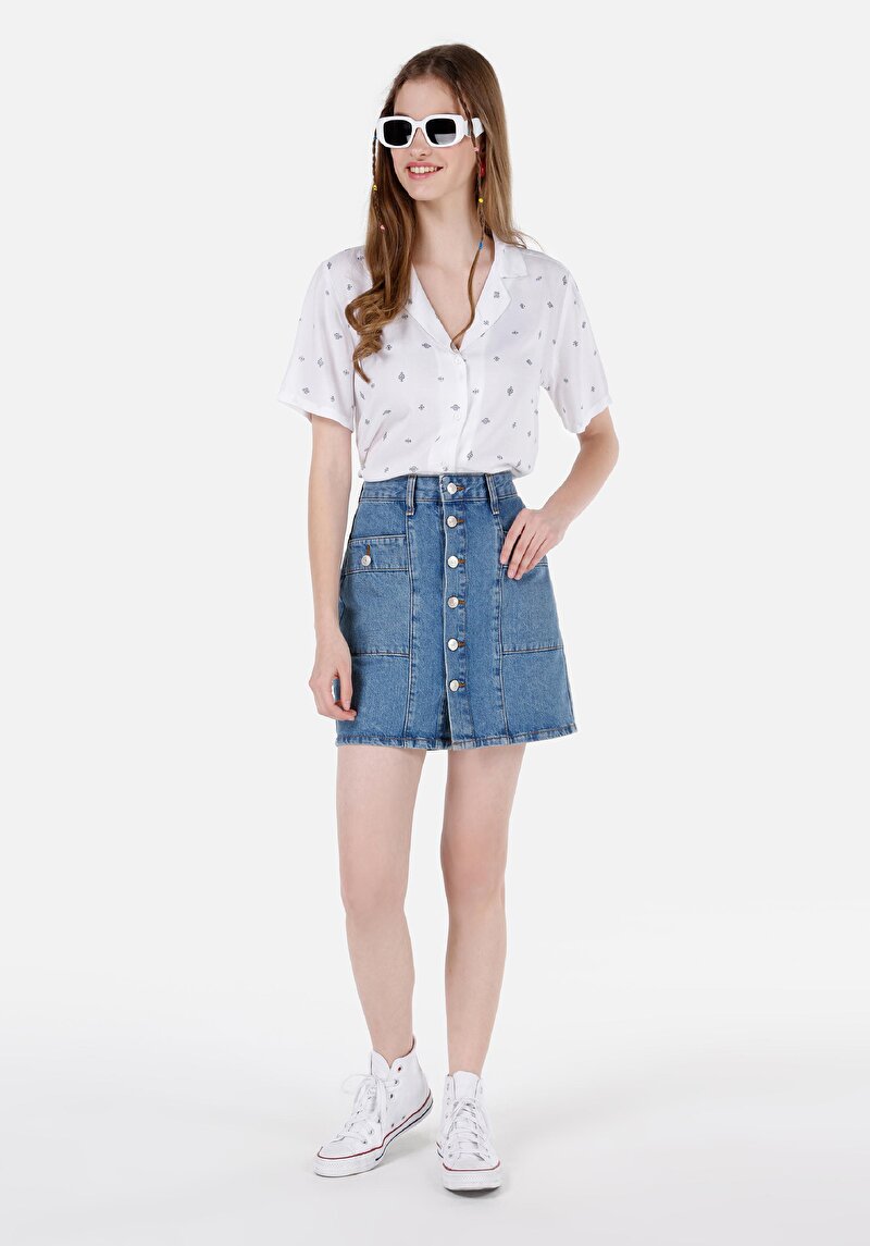 Slim Fit Düz Düğmeli Kadın Denim Etek