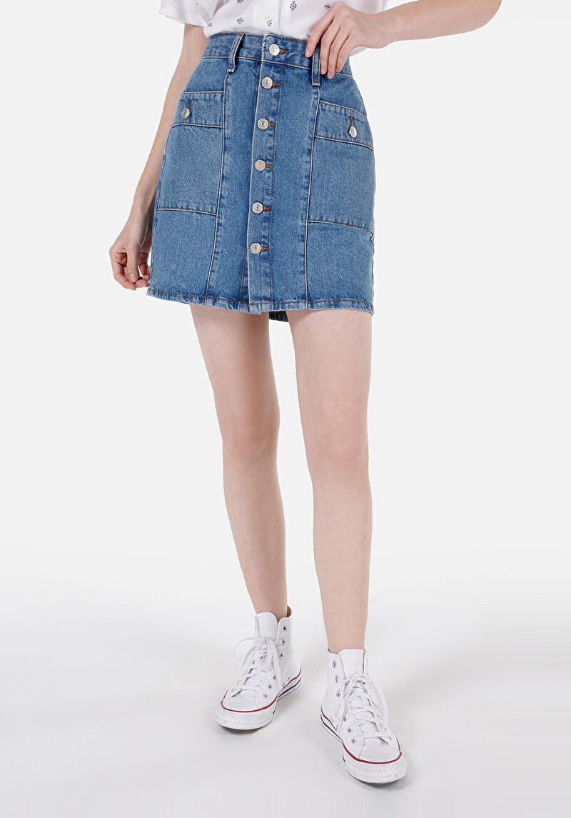 Slim Fit Düz Düğmeli Kadın Denim Etek