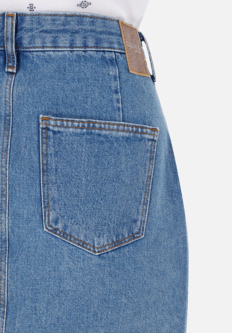 Slim Fit Düz Düğmeli Kadın Denim Etek