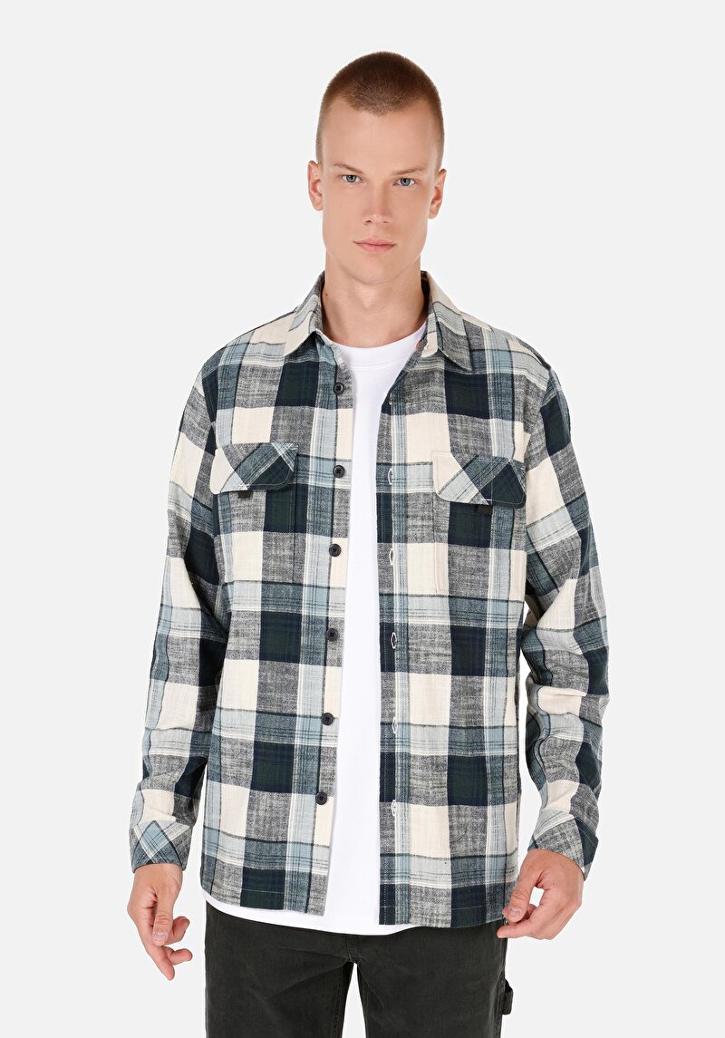 Regular Fit Shirt Neck Ekoseli Erkek Yeşil Uzun Kol Gömlek