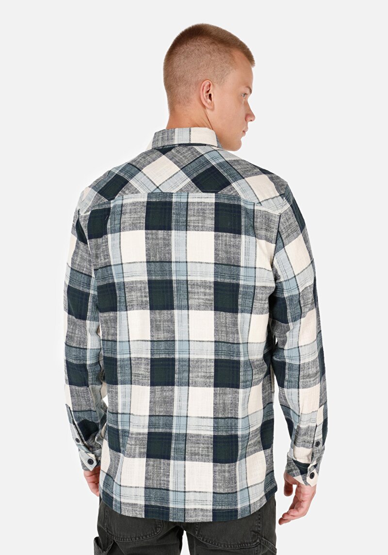 Regular Fit Shirt Neck Ekoseli Erkek Yeşil Uzun Kol Gömlek