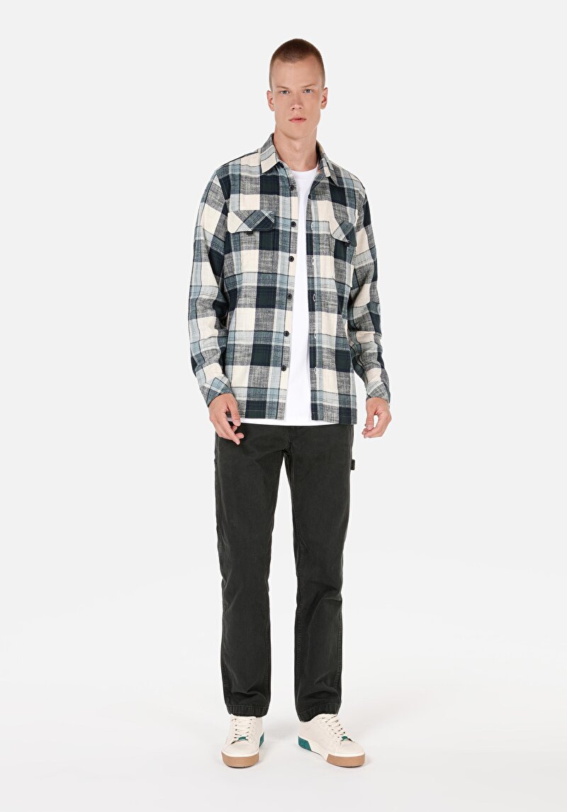 Regular Fit Shirt Neck Ekoseli Erkek Yeşil Uzun Kol Gömlek