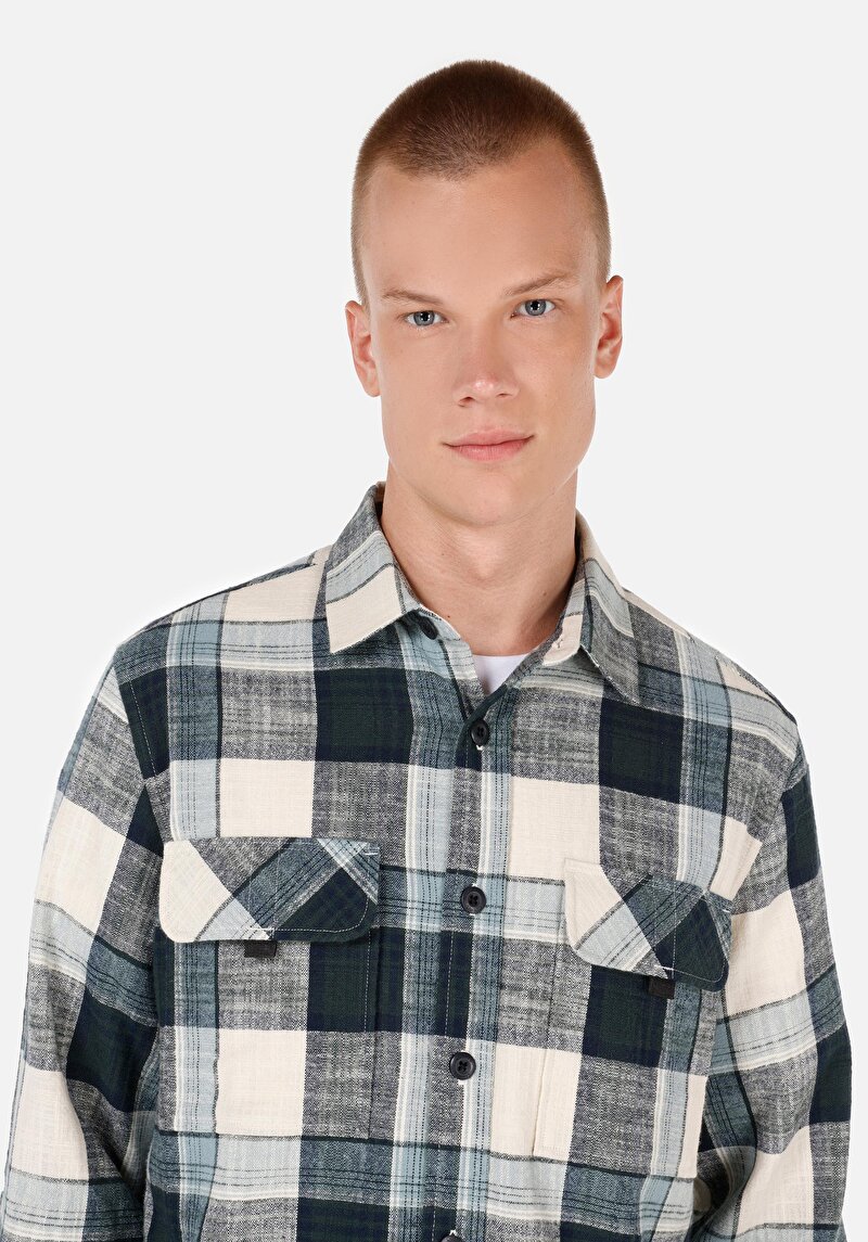 Regular Fit Shirt Neck Ekoseli Erkek Yeşil Uzun Kol Gömlek