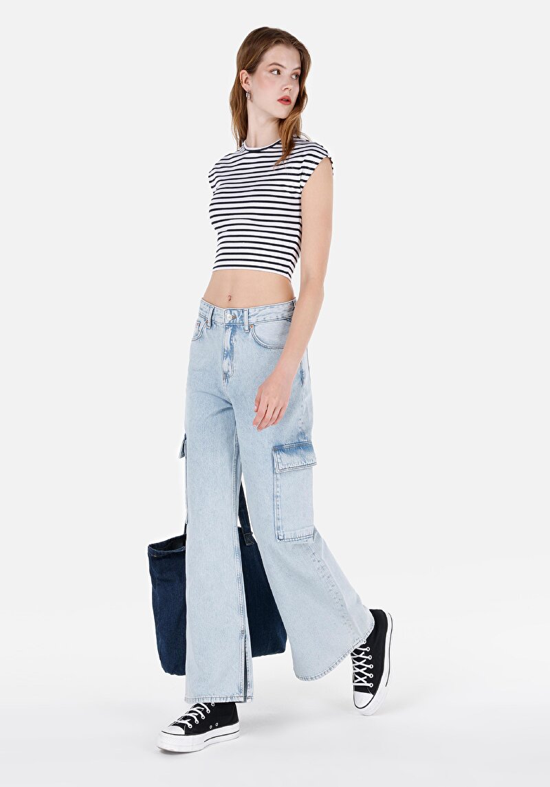 Cargo Fit Yüksek Bel Daralan Paça Kadın İndigo Jean Pantolon