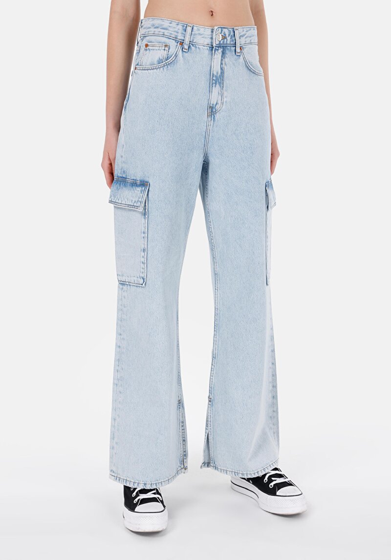 Cargo Fit Yüksek Bel Daralan Paça Kadın İndigo Jean Pantolon