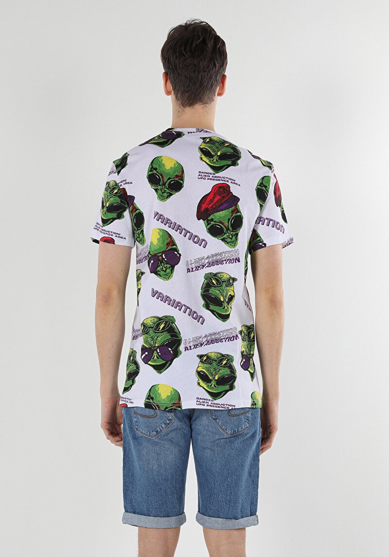 Comfort Fit Yuvarlak Yaka Baskılı Erkek Beyaz Kısa Kol Tişört