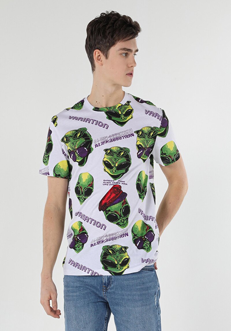 Comfort Fit Yuvarlak Yaka Baskılı Erkek Beyaz Kısa Kol Tişört