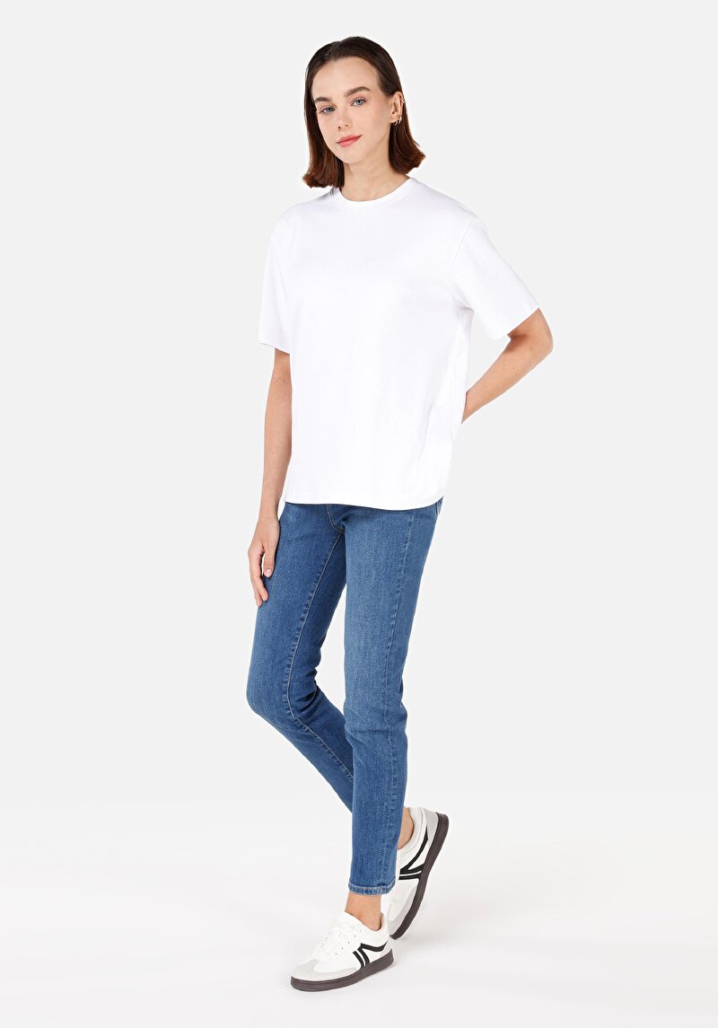 Slim Fit Orta Bel Düz Paça Kadın İndigo Jean Pantolon