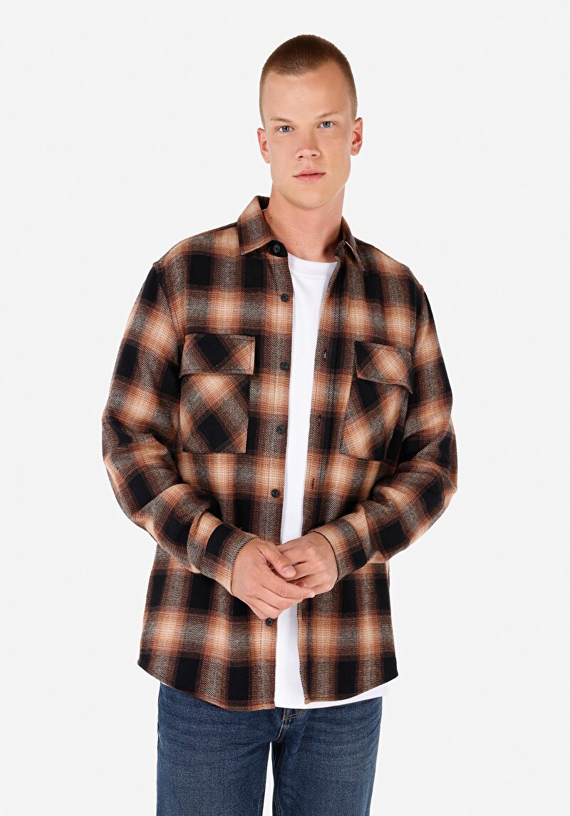 Regular Fit Shirt Neck Ekoseli Erkek Kahverengi Uzun Kol Gömlek