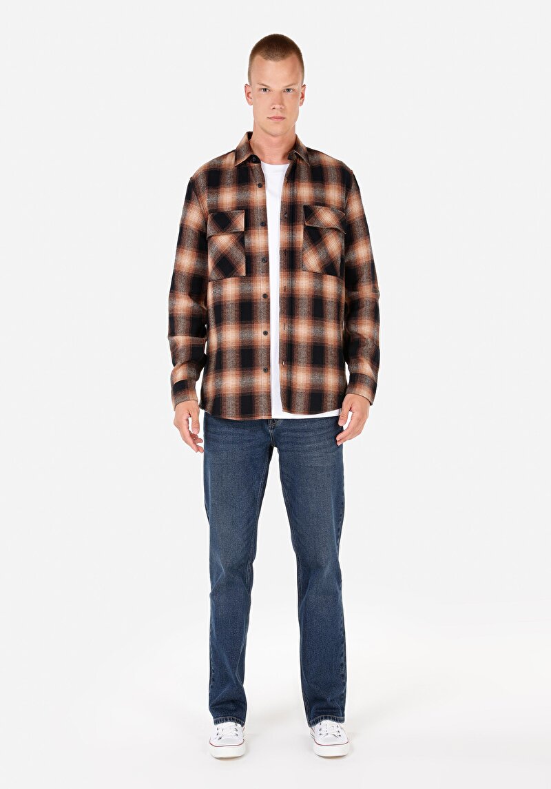 Regular Fit Shirt Neck Ekoseli Erkek Kahverengi Uzun Kol Gömlek