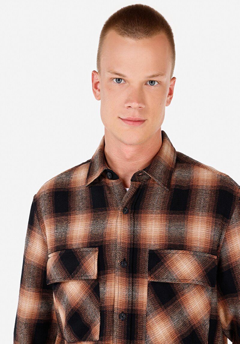 Regular Fit Shirt Neck Ekoseli Erkek Kahverengi Uzun Kol Gömlek