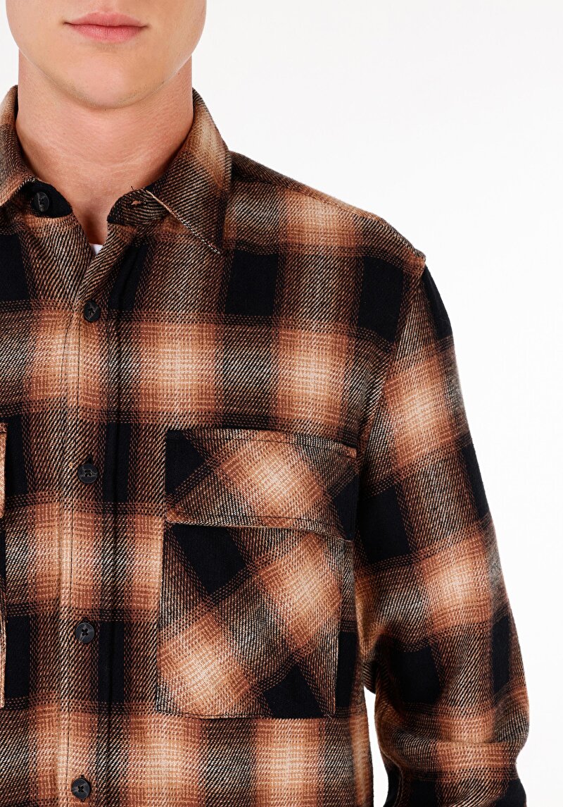 Regular Fit Shirt Neck Ekoseli Erkek Kahverengi Uzun Kol Gömlek