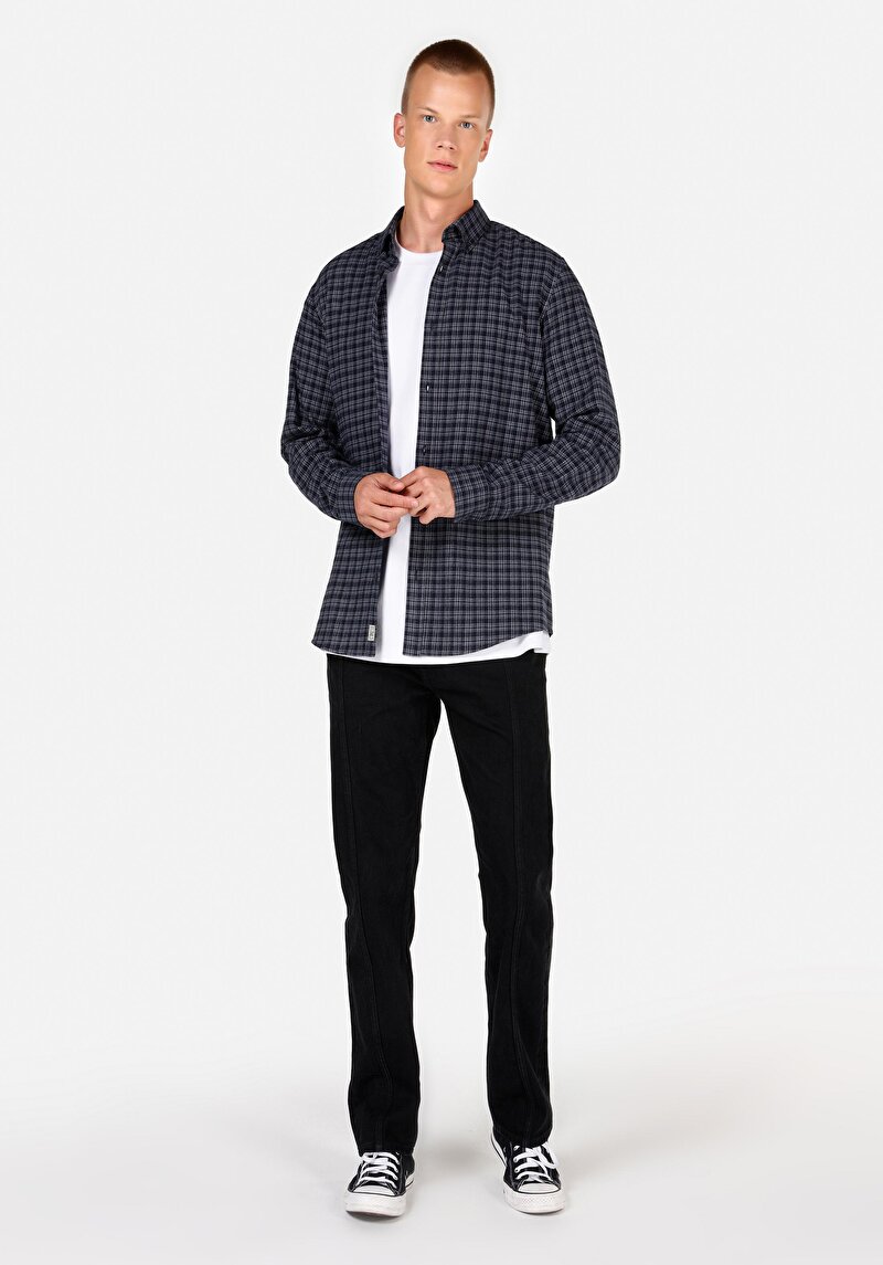 Regular Fit Pamuklu Cepsiz Shirt Neck Ekoseli Erkek Lacivert Uzun Kol Gömlek