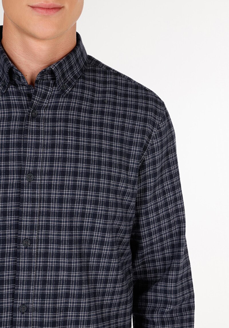 Regular Fit Shirt Neck Ekoseli Erkek Lacivert Uzun Kol Gömlek
