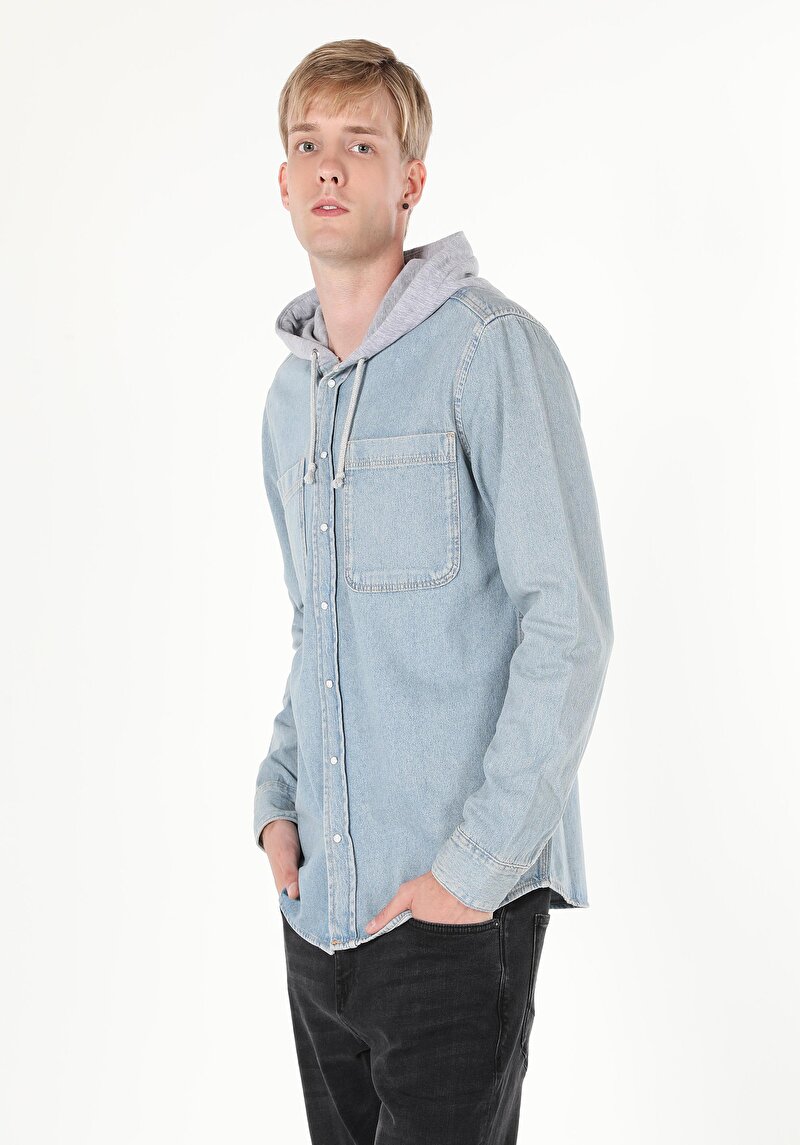 Oversize Fit Klasik Yaka Düz Erkek Açik Mavi Uzun Kol Gömlek