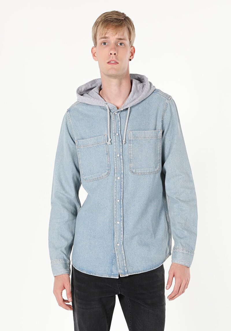 Oversize Fit Klasik Yaka Düz Erkek Açik Mavi Uzun Kol Gömlek