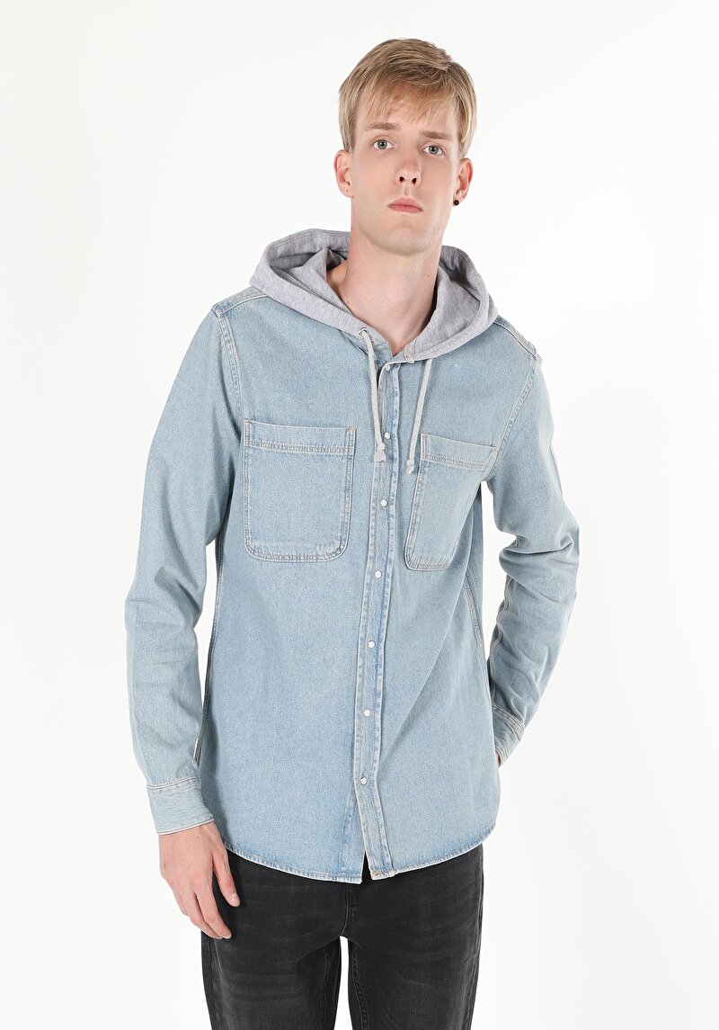 Oversize Fit Klasik Yaka Düz Erkek Açik Mavi Uzun Kol Gömlek