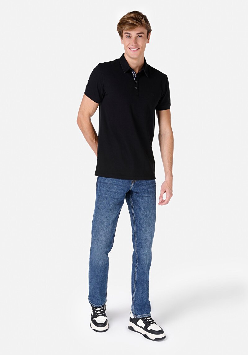 Slim Fit Polo Yaka Düz Erkek Siyah Kısa Kol Tişört