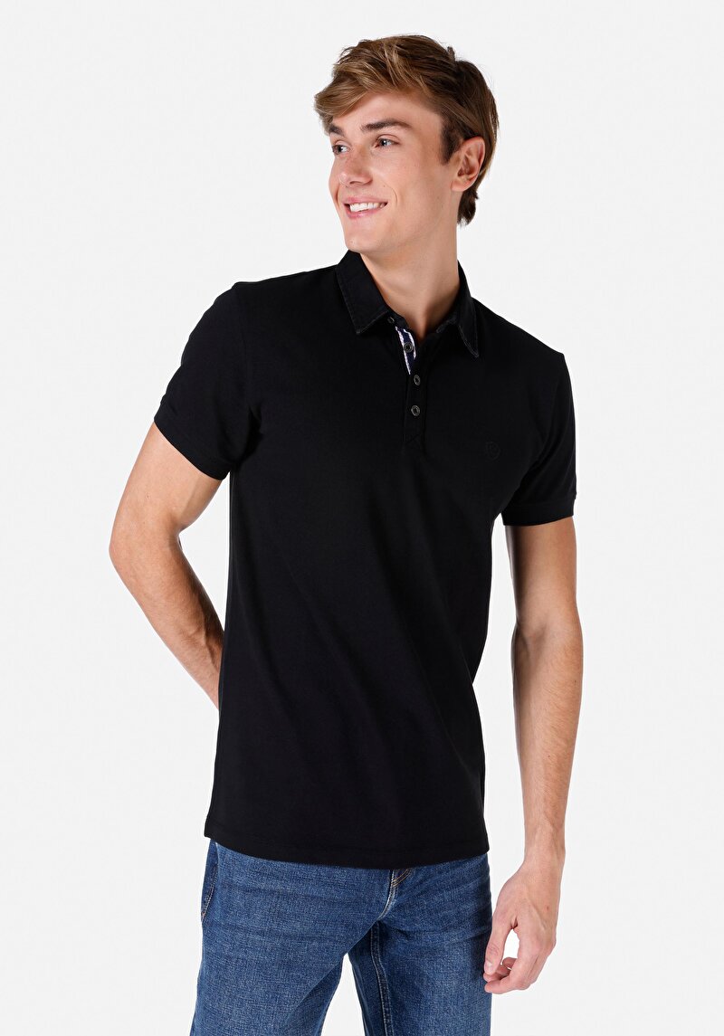 Slim Fit Polo Yaka Düz Erkek Siyah Kısa Kol Tişört
