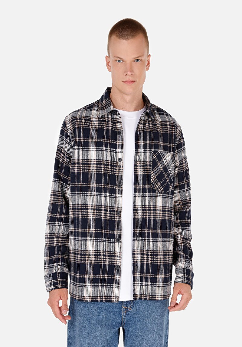 Comfort Fit Shirt Neck Ekoseli Erkek Lacivert Uzun Kol Gömlek