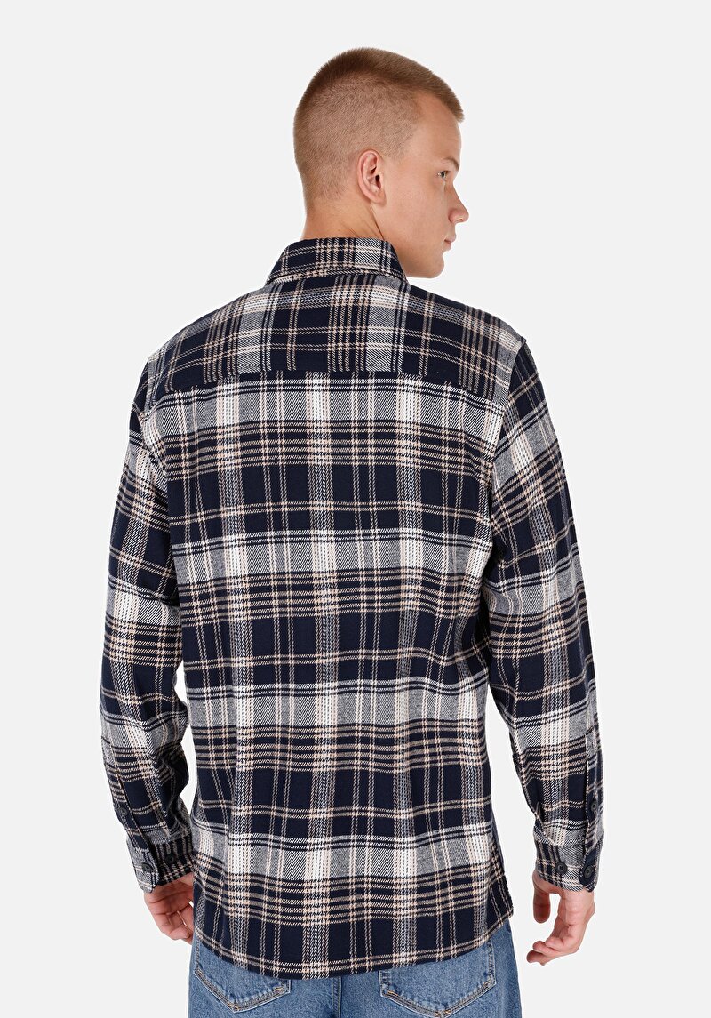 Comfort Fit Shirt Neck Ekoseli Erkek Lacivert Uzun Kol Gömlek