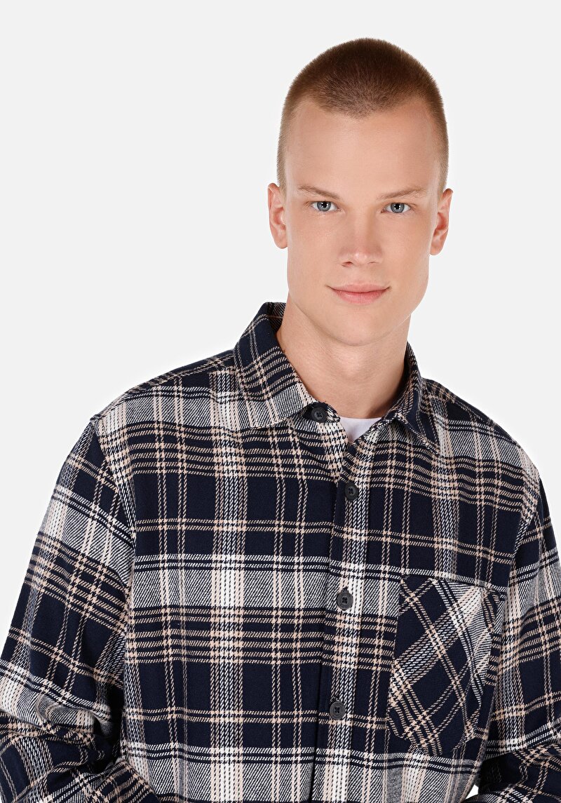 Comfort Fit Shirt Neck Ekoseli Erkek Lacivert Uzun Kol Gömlek