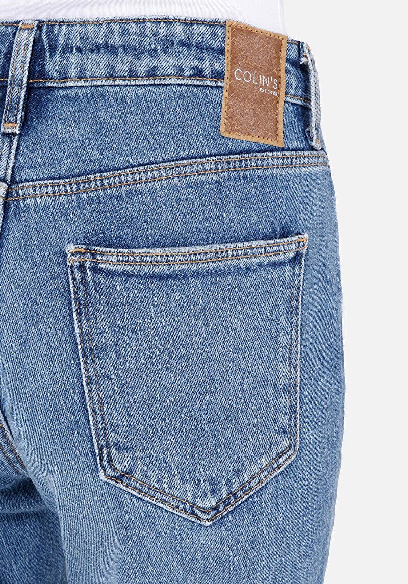 Mom Fit  Daralan Paça Kadın İndigo Jean Pantolon